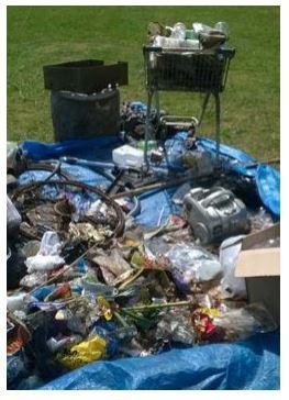Image shows a collection of rubbish the children collected from the stream